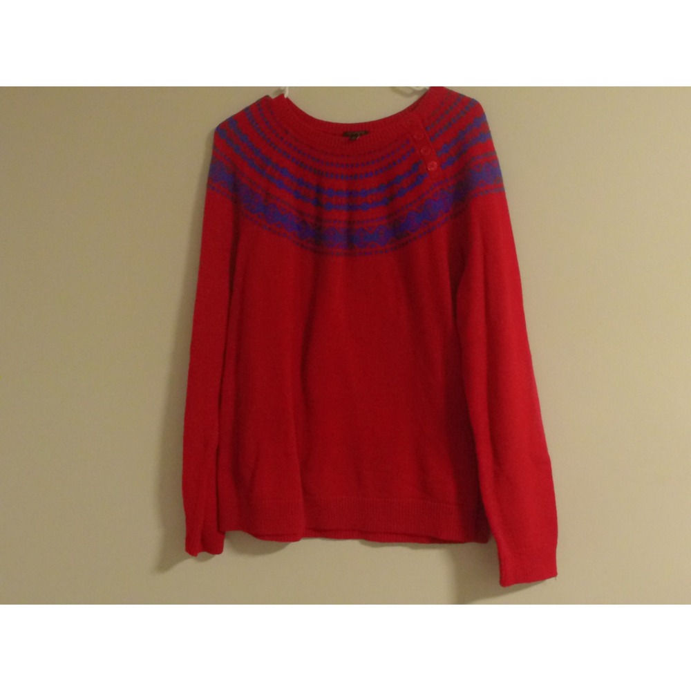 Talbots Red Lambswool Fair Isle Button Shoulder Sweater XL Womens